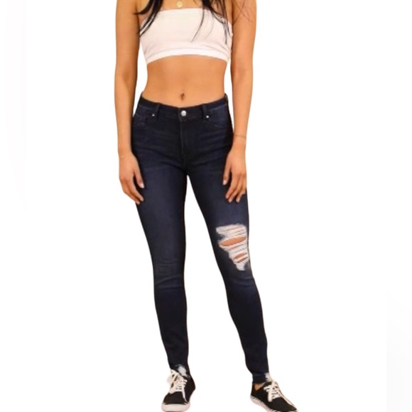 REWASH Julie Jegging Jeans Mid Rise Ripped Stretch Raw Hem Dark Wash Size 29 - Picture 1 of 14